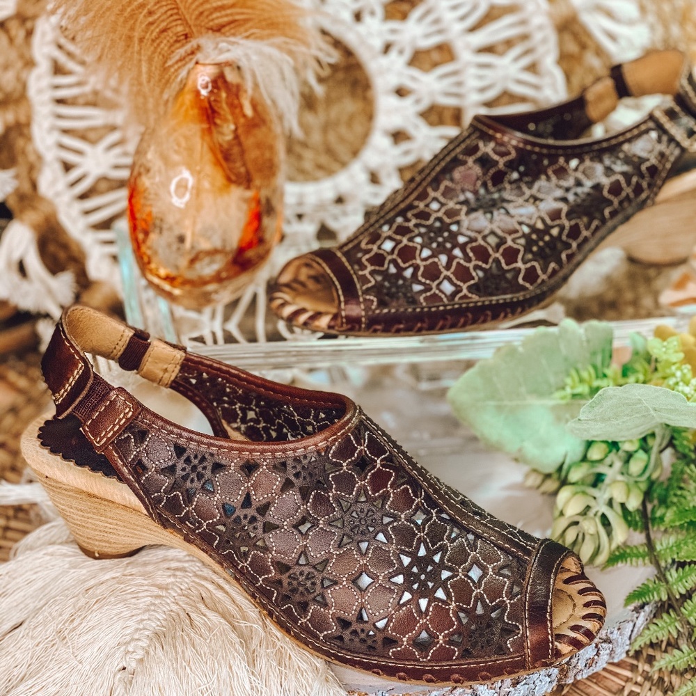 Pikolinos Laser Cut Peep Toe Leather Slingback